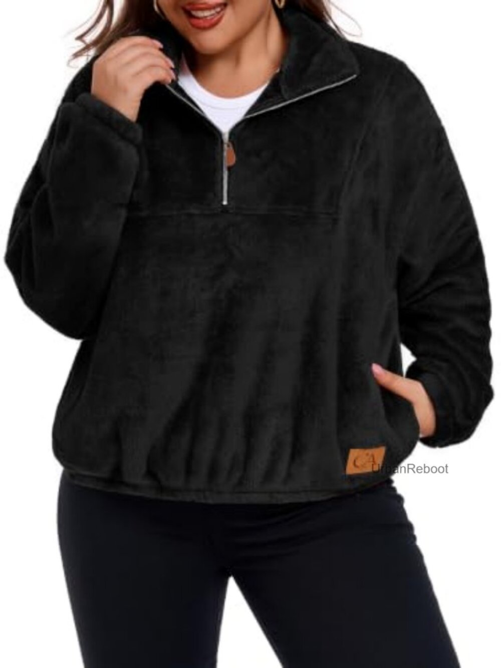 Plus Size Half Zip Fuzzy Fleece Pullover Sweatshirt A-Line